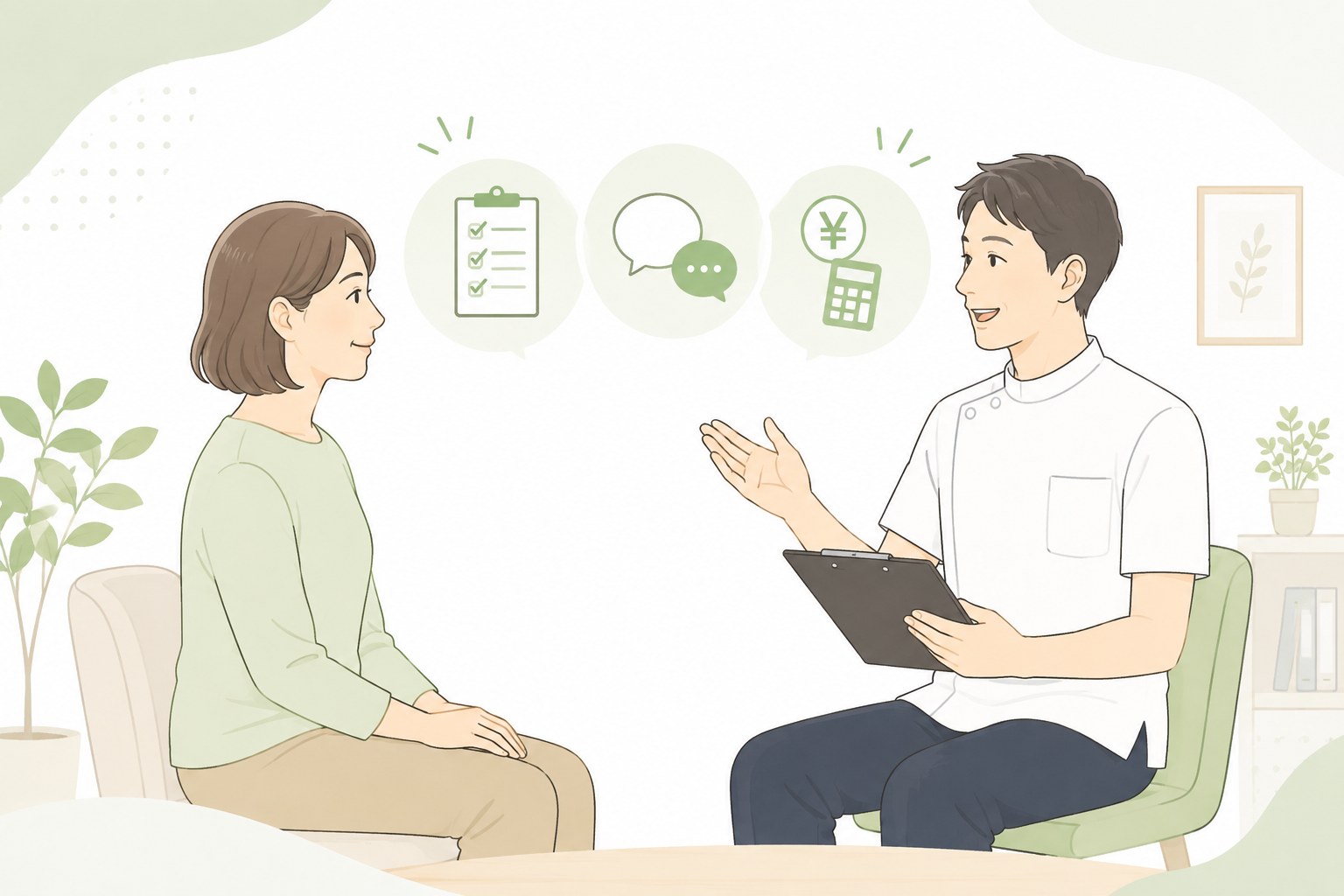 初めての来院時に問診・料金説明を受けるイメージ