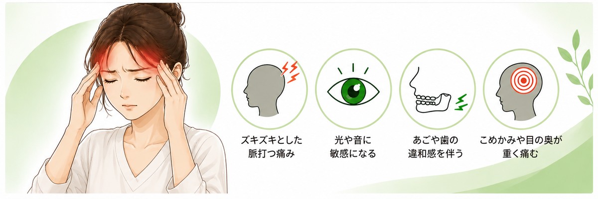 前頭部から側頭部の頭痛と眼精疲労・食いしばりの関係を示したイラスト