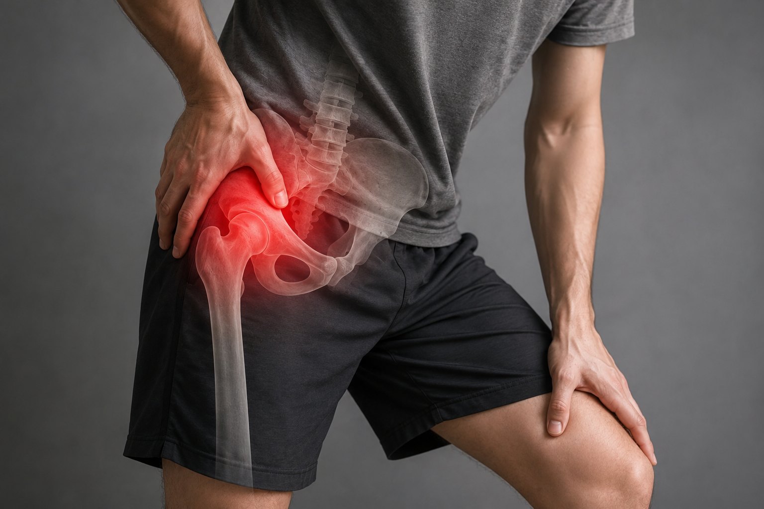 股関節の痛みで腰から足の付け根を押さえている様子