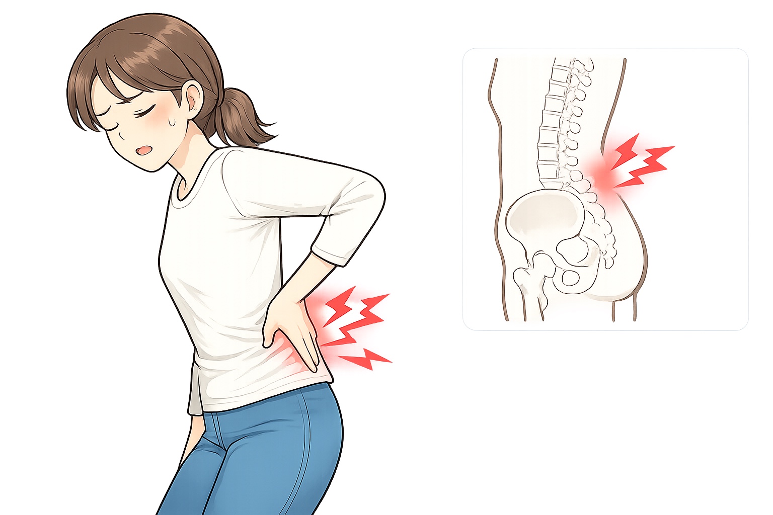 腰を押さえてつらそうにしている女性の腰痛イラスト