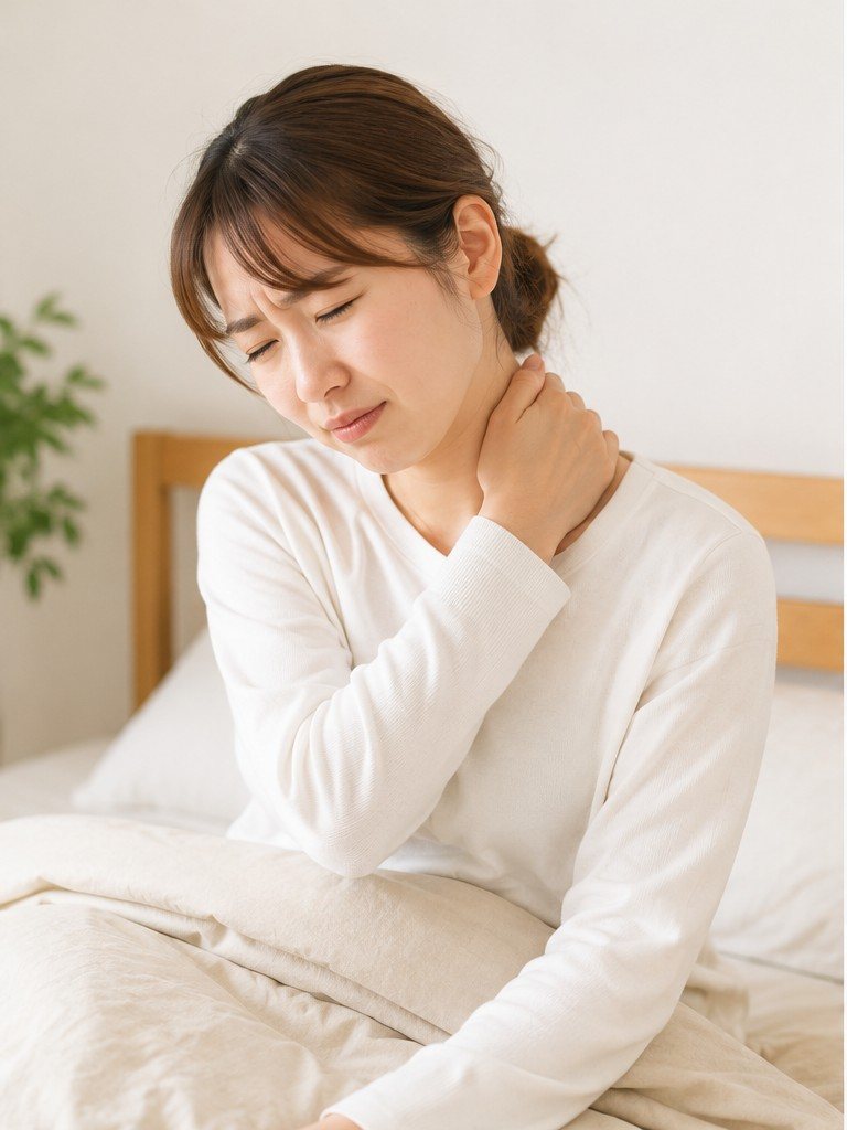 朝起きて首の痛みを感じている女性のイメージ
